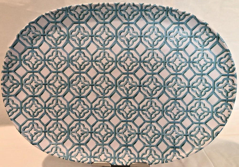 MERRIT MELAMINE - Oval Serving Tray Platter - Turquoise Trellis - 17" x 12" NEW