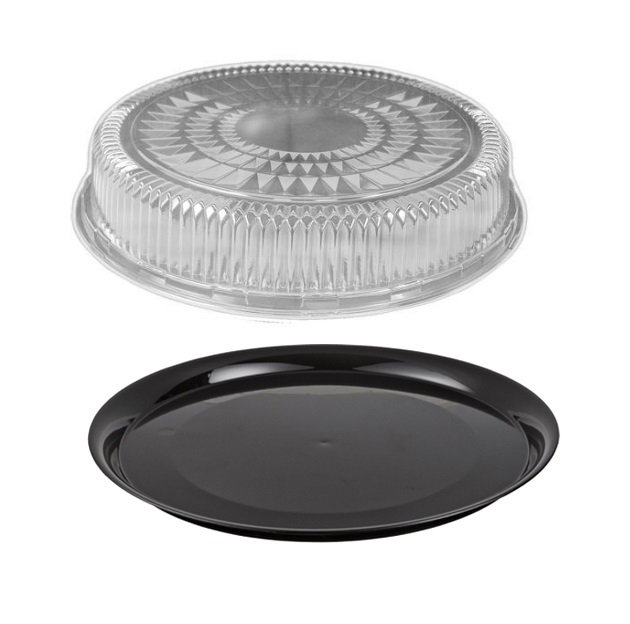 18" Black Round Flat Catering Serving Party Tray Food Platter + Clear Dome Lid