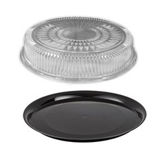 18″ Black Round Flat Catering Serving Party Tray Food Platter + Clear Dome Lid