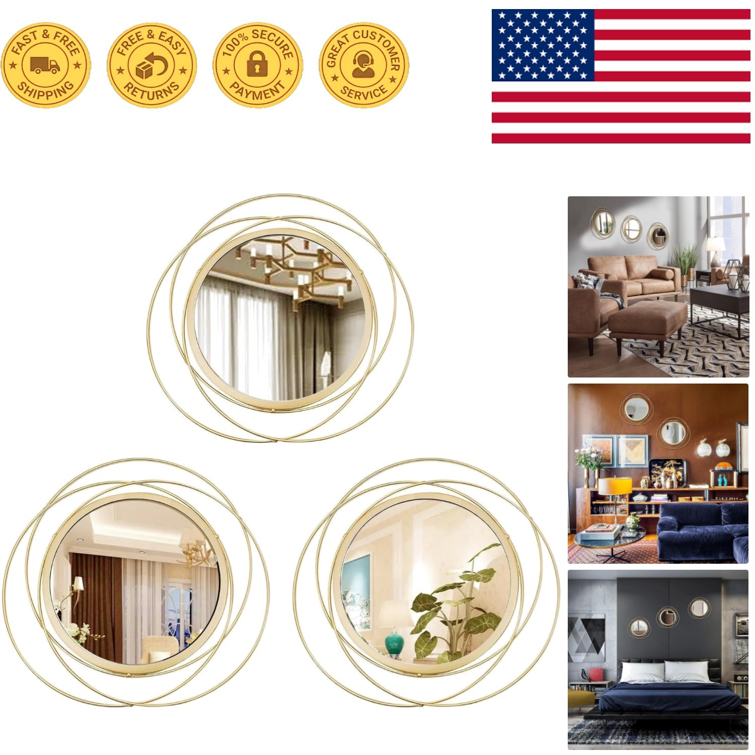 3-Piece 13-Inch Gold Circle Mirrors - Elegant Wall Decor for All Rooms gallery