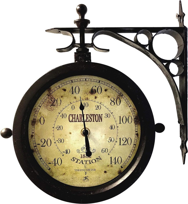 Weather-Resistant Train Station Clock with Double Sided Clock and Thermometer gallery