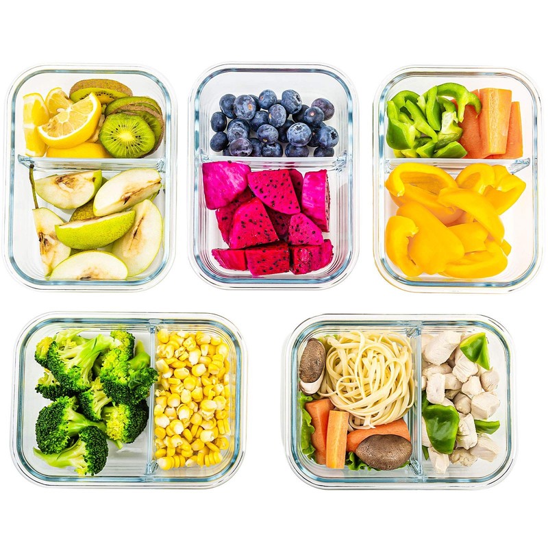 CREST Glass Meal Prep Containers 2 Compartment Set, 5-Pack, 34oz,Divided Bent... gallery