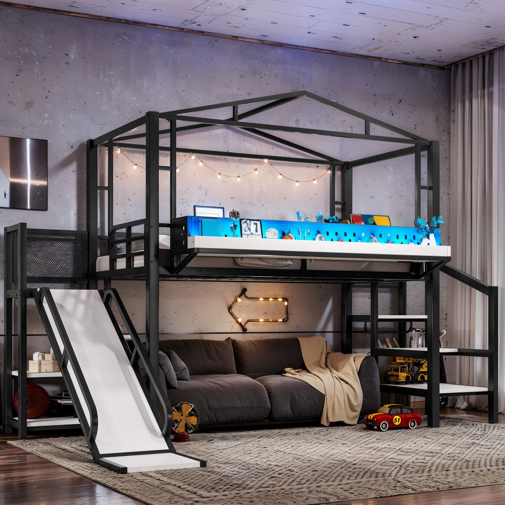 Metal Loft Bed with Desk Wardrobe Storage Shelves and Slide Full /Twin Bed Frame gallery