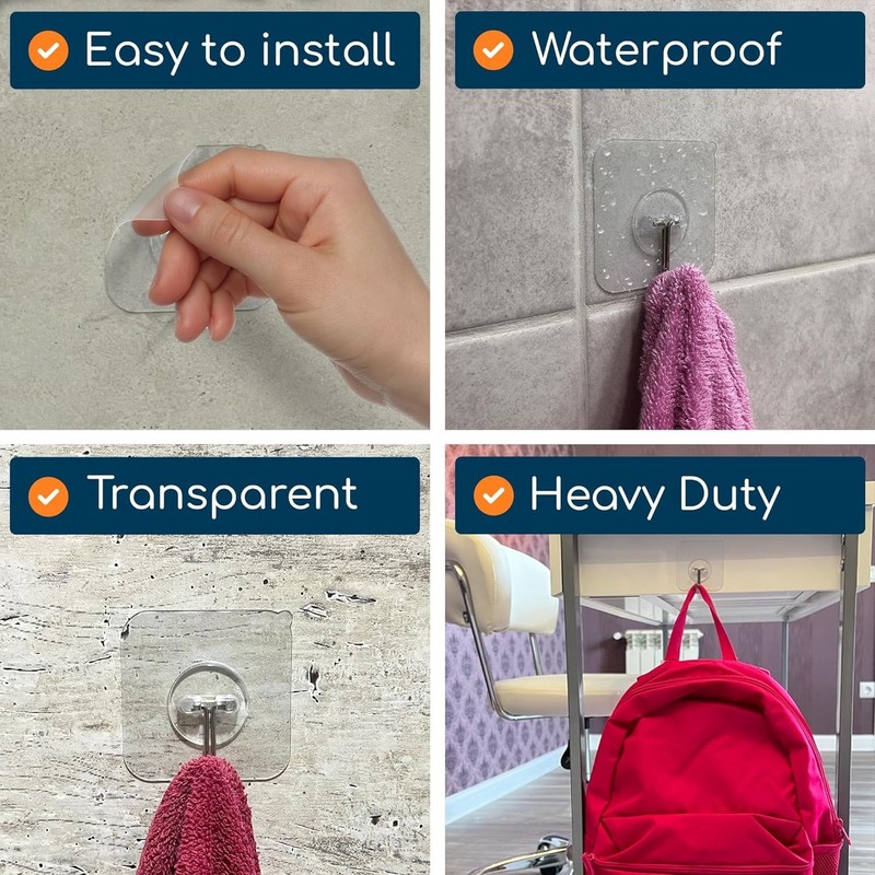 Invisible Adhesive Hooks - 20 Pack, 22 lbs Weight Limit, Waterproof & Versatile gallery
