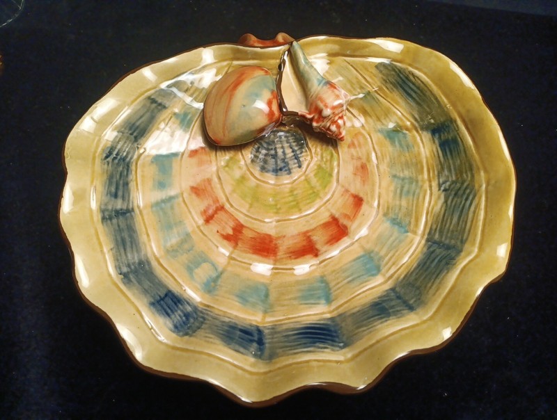 French Majolica Pottery Shell Oyster Footed Bowl Art Nouveau 10" Coastal Vintage gallery
