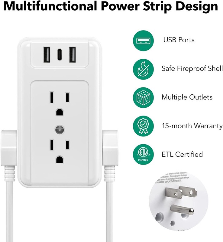 BN-LINK Multiple Plug Outlet Extender, 6 Wall Outlets and 3 USB Ports (1 USB C) gallery