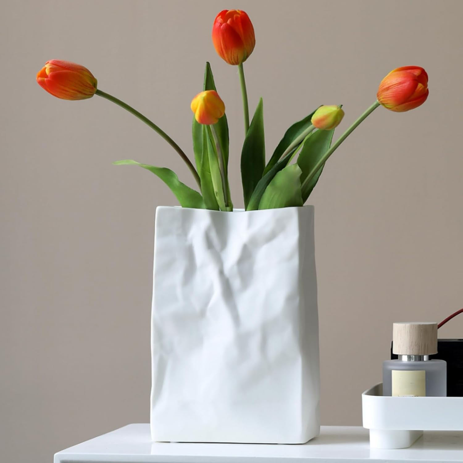 Crinkle Paper Bag Ceramic Vase, 7.5 Inch Unique Flower Vase, White Matte Square gallery