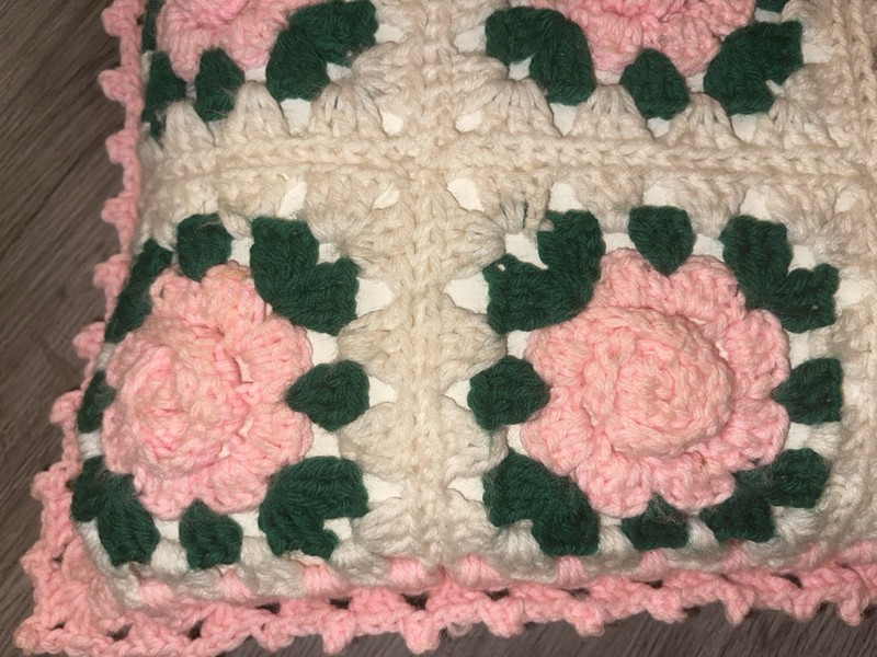Handmade Crocheted Granny Square 3D Rose Floral Afghan Blanket 79”X72” & Pillow gallery