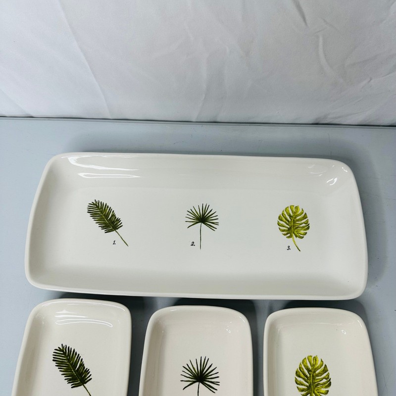 Botanical Palm Leaf Ceramic Serving Set Platter and 3 Appetizer Trays Green gallery