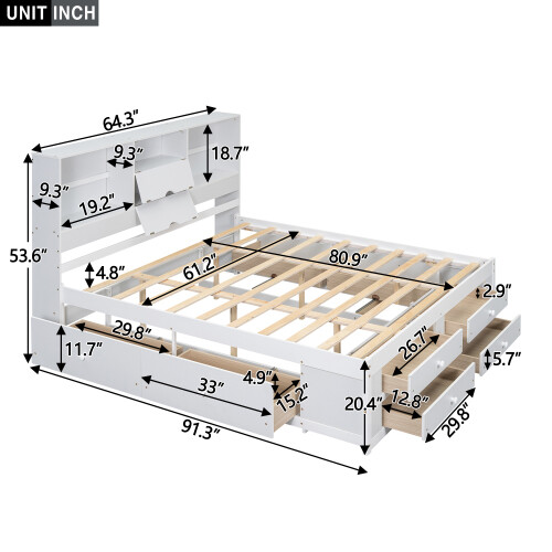 Queen King Size Platform Bed with Storage Drawers Bookcase Headboard Bed Frames gallery