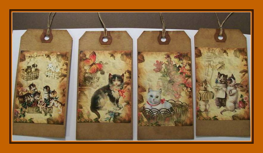PLAYFUL KITTEN AND CAT HANG TAGS - SET OF EIGHT - ADORABLE - PRIMITIVE gallery