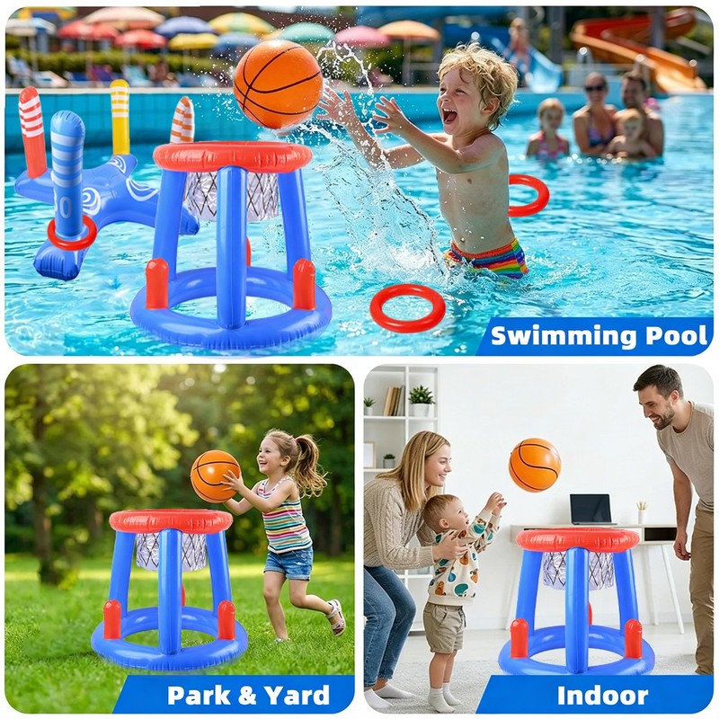 Inflatable Floating Swimming Pool Game Set Family Basketball Hoop Ring Toss Toys gallery