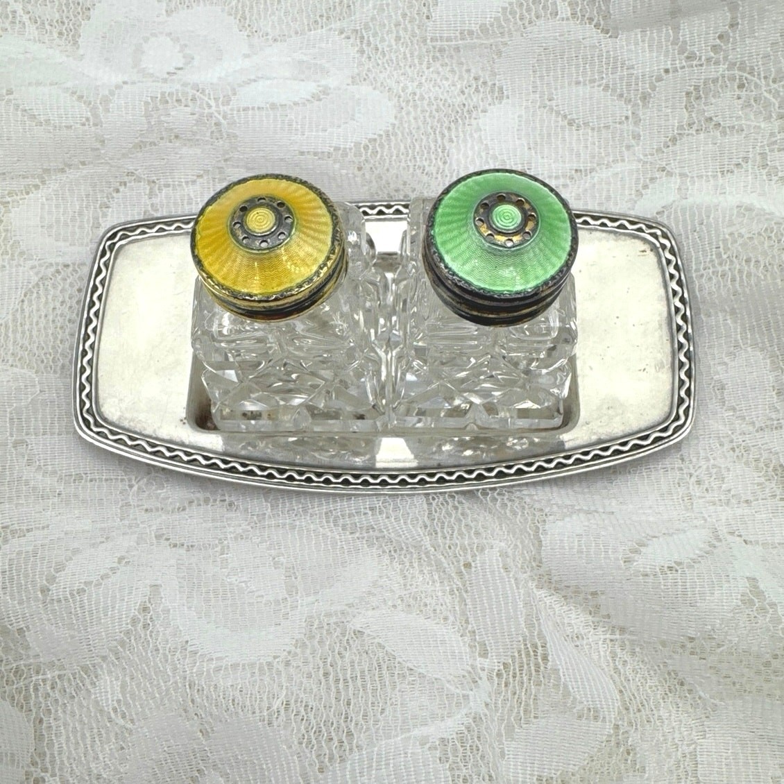 David Andersen Norway Sterling Silver Gullioche Enamel Salt and Pepper and Tray gallery