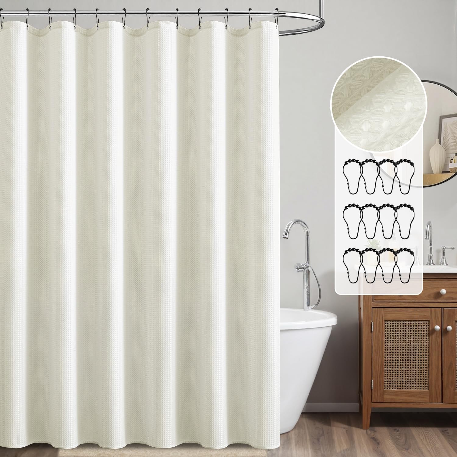 Ivory Extra Long Waffle Weave Shower Curtain 260GSM Fabric 12 PCS 90 Inch gallery