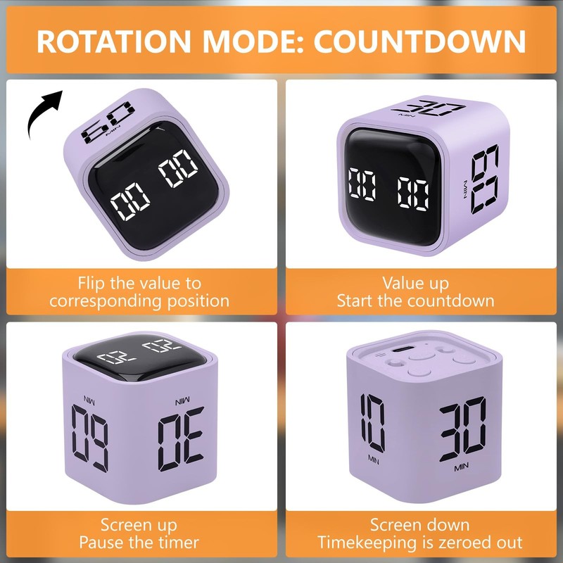 GuDoQi Multi-Function Cube Timer, 5/10/30/60 Min & Custom Count Down, Purple gallery