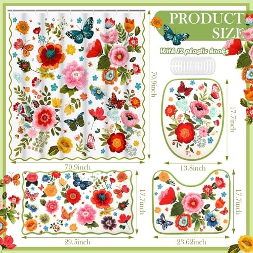 4pcs Spring Shower Curtain Set Spring Boho Floral Bathroom Decor Floral gallery