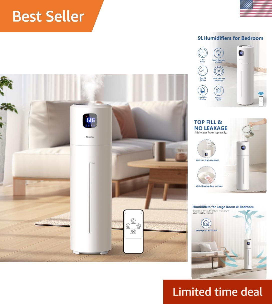 Humidifier Large Room Cool Mist Ultrasonic Quiet 9L Top Fill for Bedroom gallery
