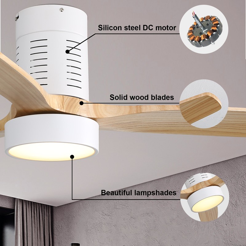 52'' Flush Mount Ceiling Fan with Lights Remote Control Wood Blade Reversible DC gallery