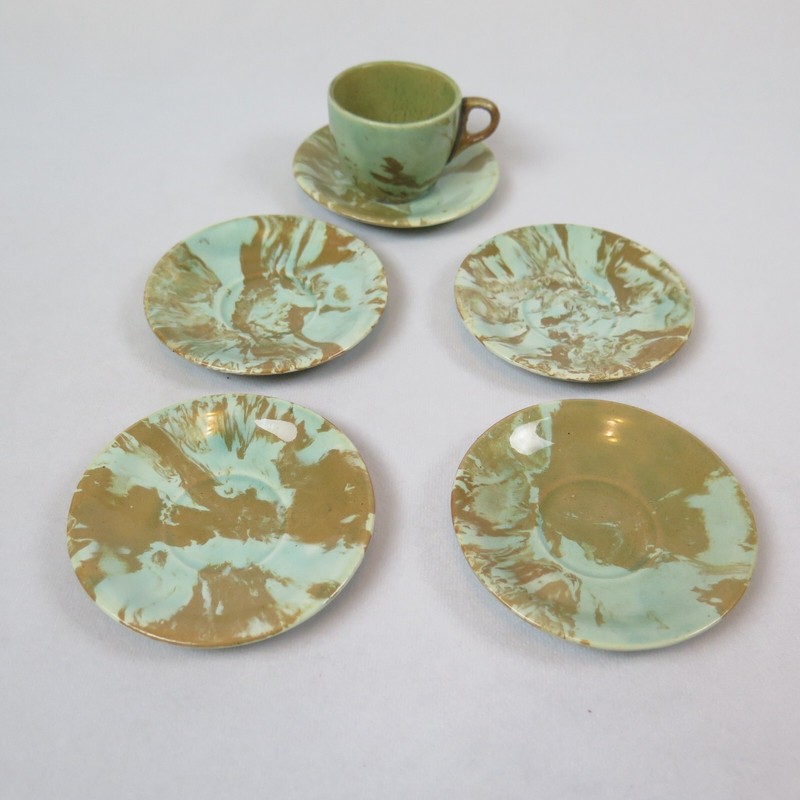 Earthenware Espresso Cup Extra Saucers Aqua & Brown Marbling VTG Arts Handmade gallery