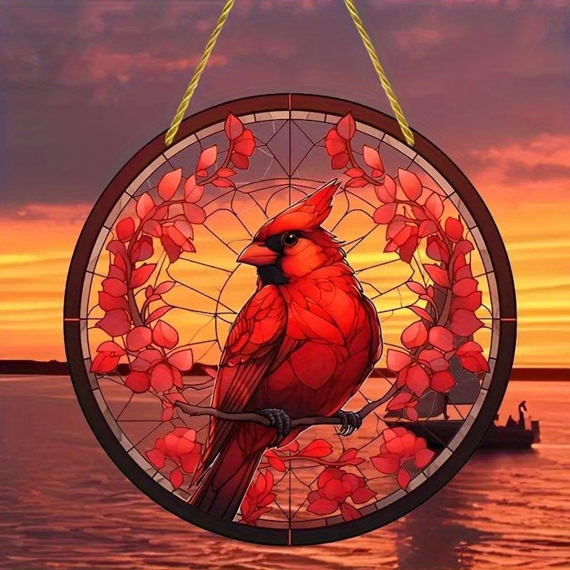 Red Cardinal Round Hanging Decor Bird Suncatcher Window Wall Art Home Decor gallery