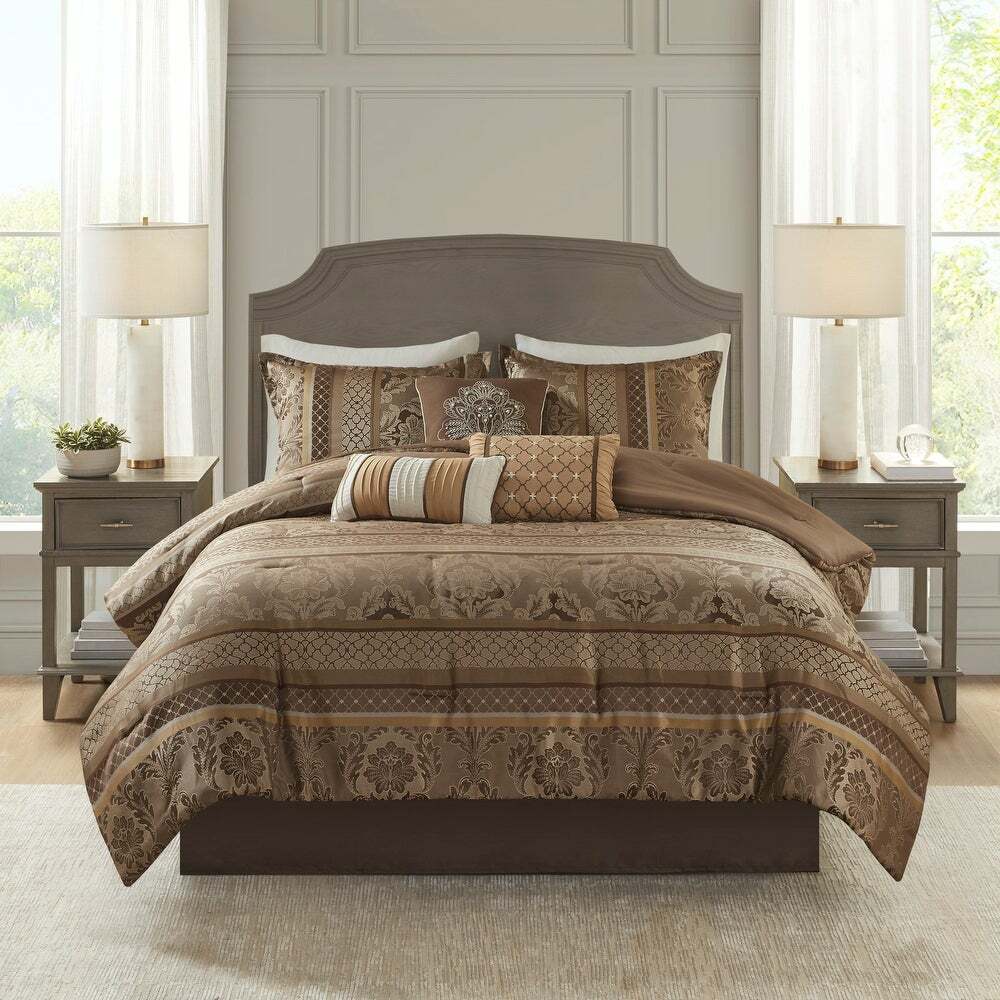 BEAUTIFUL MODERN ELEGANT CHIC RICH BROWN GOLD BRONZE GREY TAUPE COMFORTER SET gallery