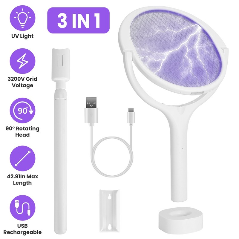 New 3-in-1 Electric Bug Zapper Racket, Mosquito Swatter with Telescopic Wand gallery