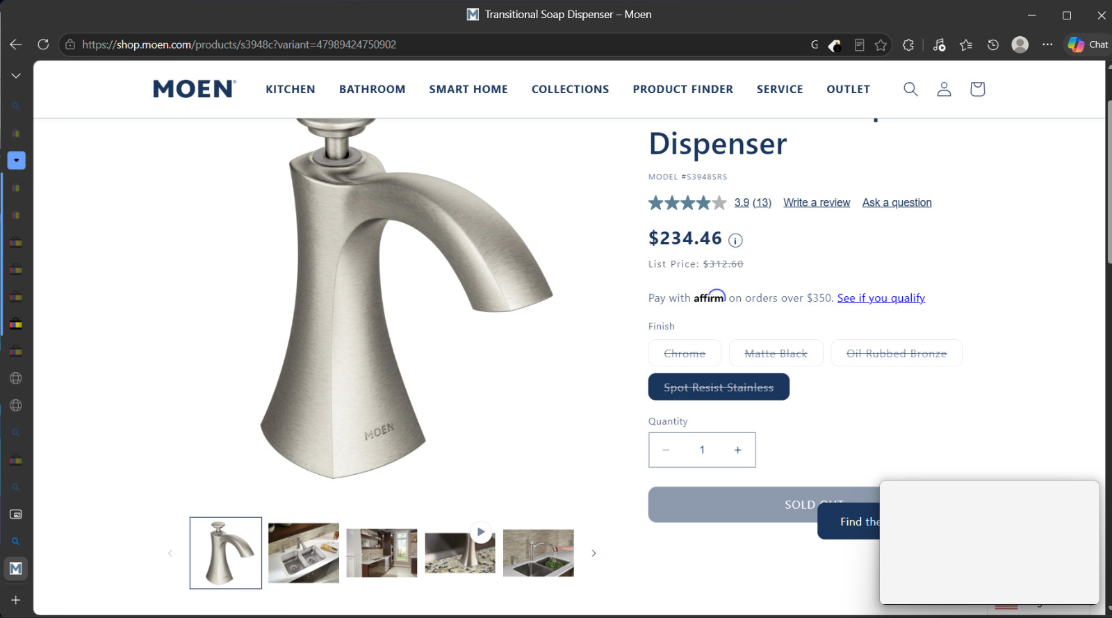 Moen S3948SRS Transitional Kitchen Soap Dispenser Deck Mount Top Refillable 18oz gallery