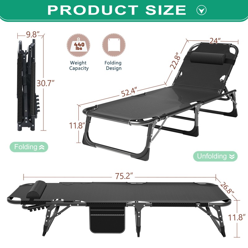 Folding Camping Cot Bed Adjustable 5-Position Folding Lounge Chair Portable 3IN1 gallery