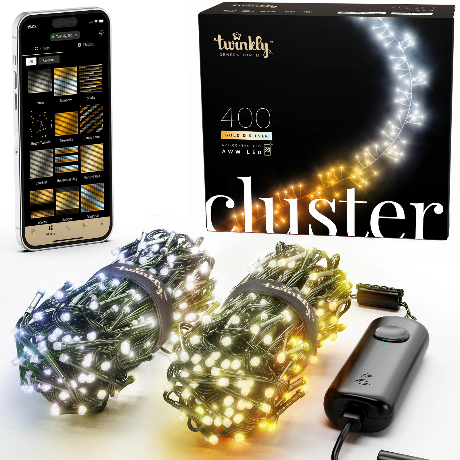 Twinkly Cluster Green Wire Christmas Lights, Gold & Silver, 400 AWW LED, 19.7ft gallery