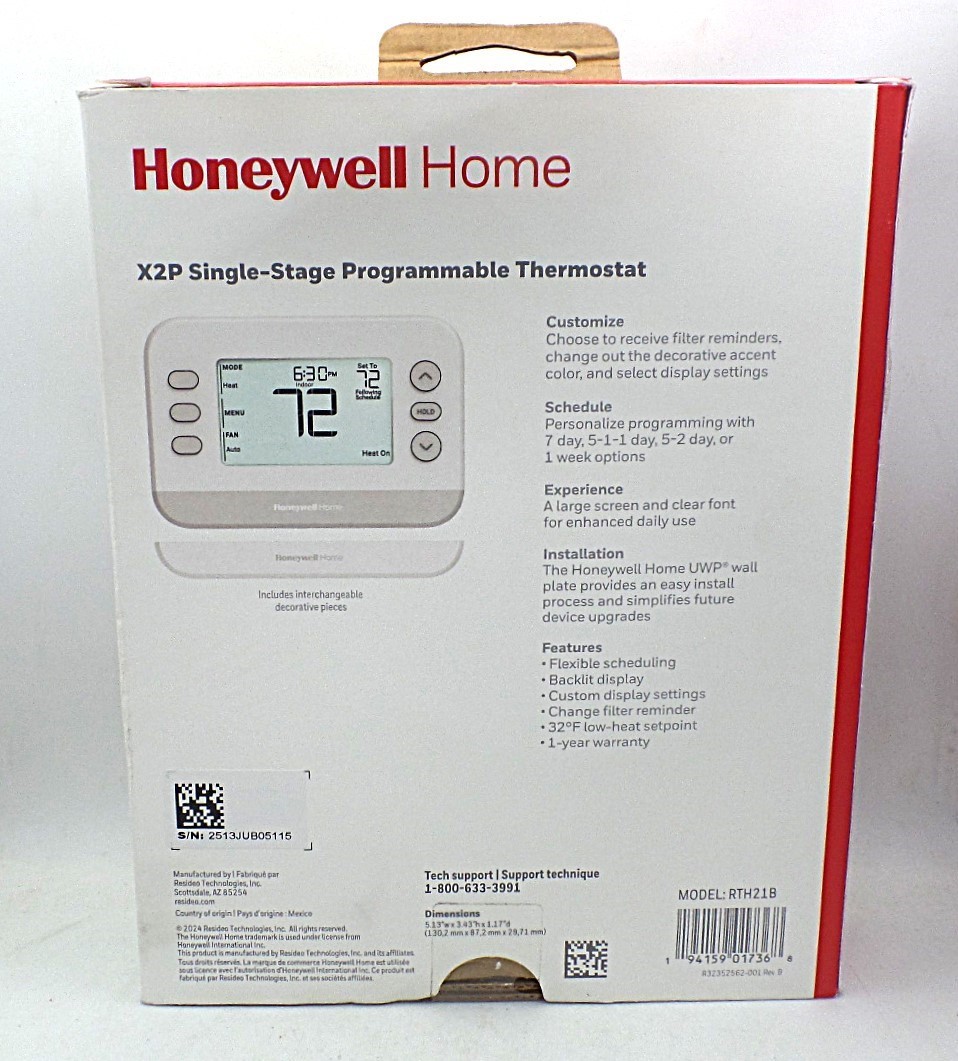 HONEYWELL HOME X2P RTH21B/N PROGRAMMABLE THERMOSTAT 1-STAGE, 1-HEAT/1-COOL, FLEX gallery