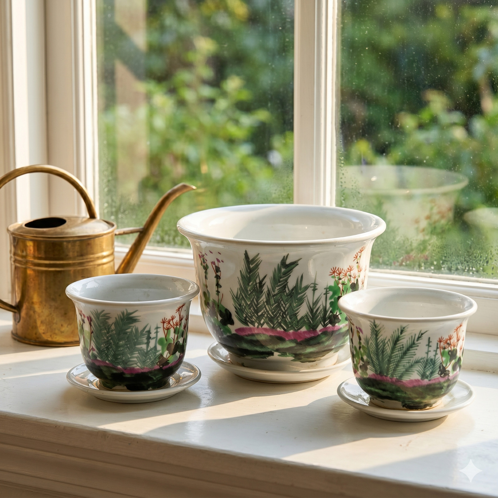 Chinese Hand Painted Porcelain Planter Set 3 Pc Flower Pots Saucers Ferns gallery