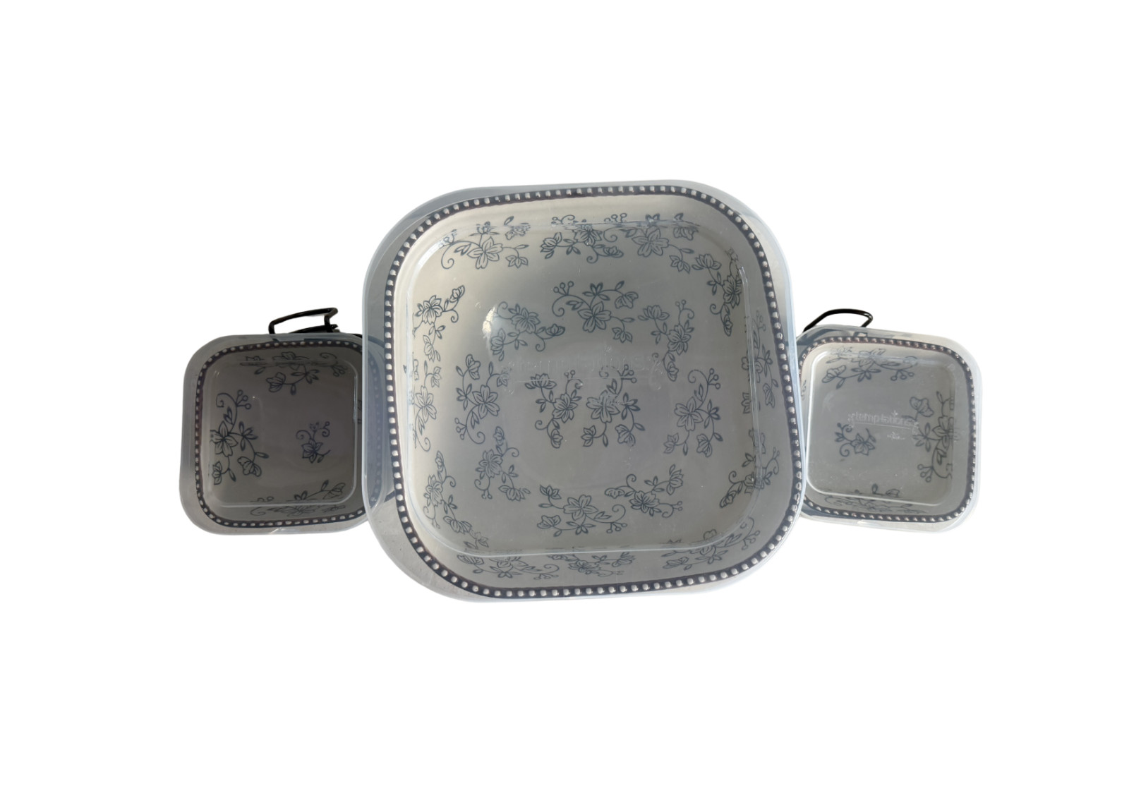 Temptations by Tara Chip Dip 3 Bowl Set Floral Lace Black Square Shape w/Lids gallery