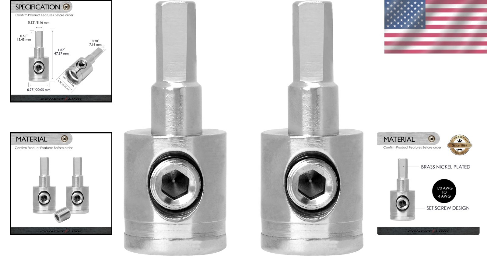 Compact 1/0 to 4 Gauge Wire Reducer - Lightweight Brass with Set Screw, 2 Count gallery