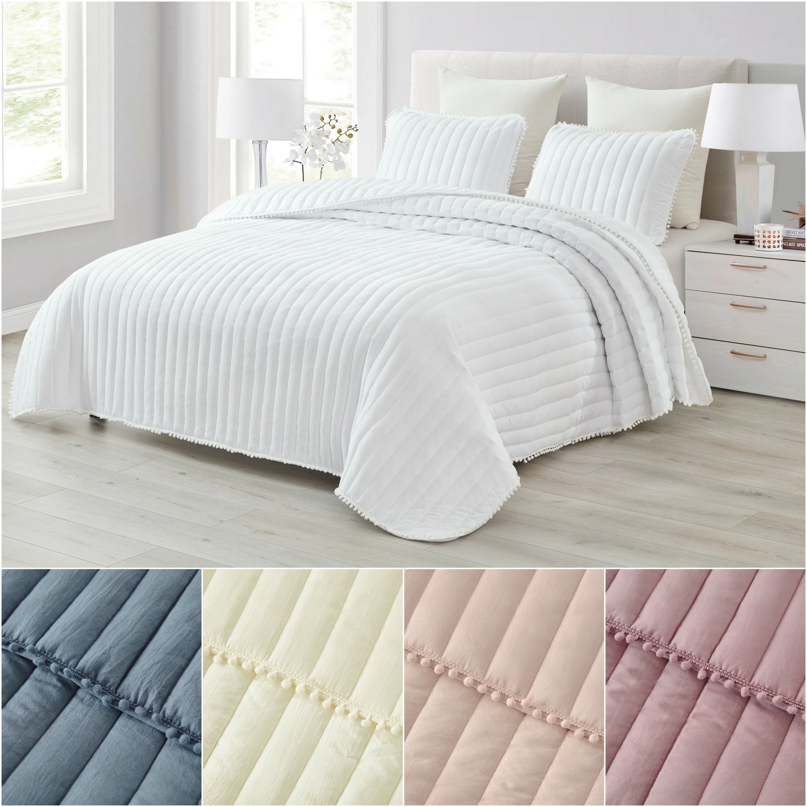 Washed Microfiber Pom Pom Quilt Set Quilted Bedspread Ball Fringe Coverlet Set gallery