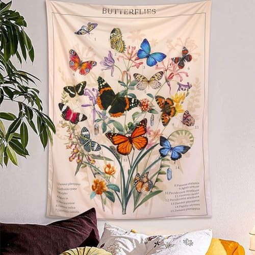Butterfly Tapestry Vertical Vintage Floral Tapestries for 40"L x 30"W Beige gallery