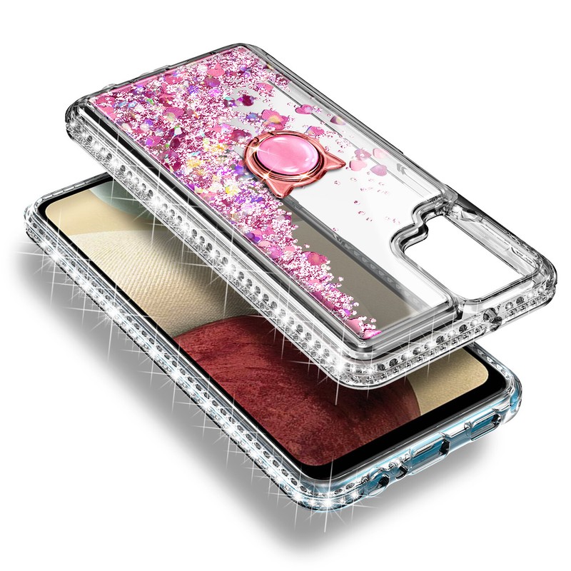 For Samsung Galaxy A12 Case, Liquid Glitter Cover with Tempered Glass & Lanyard gallery