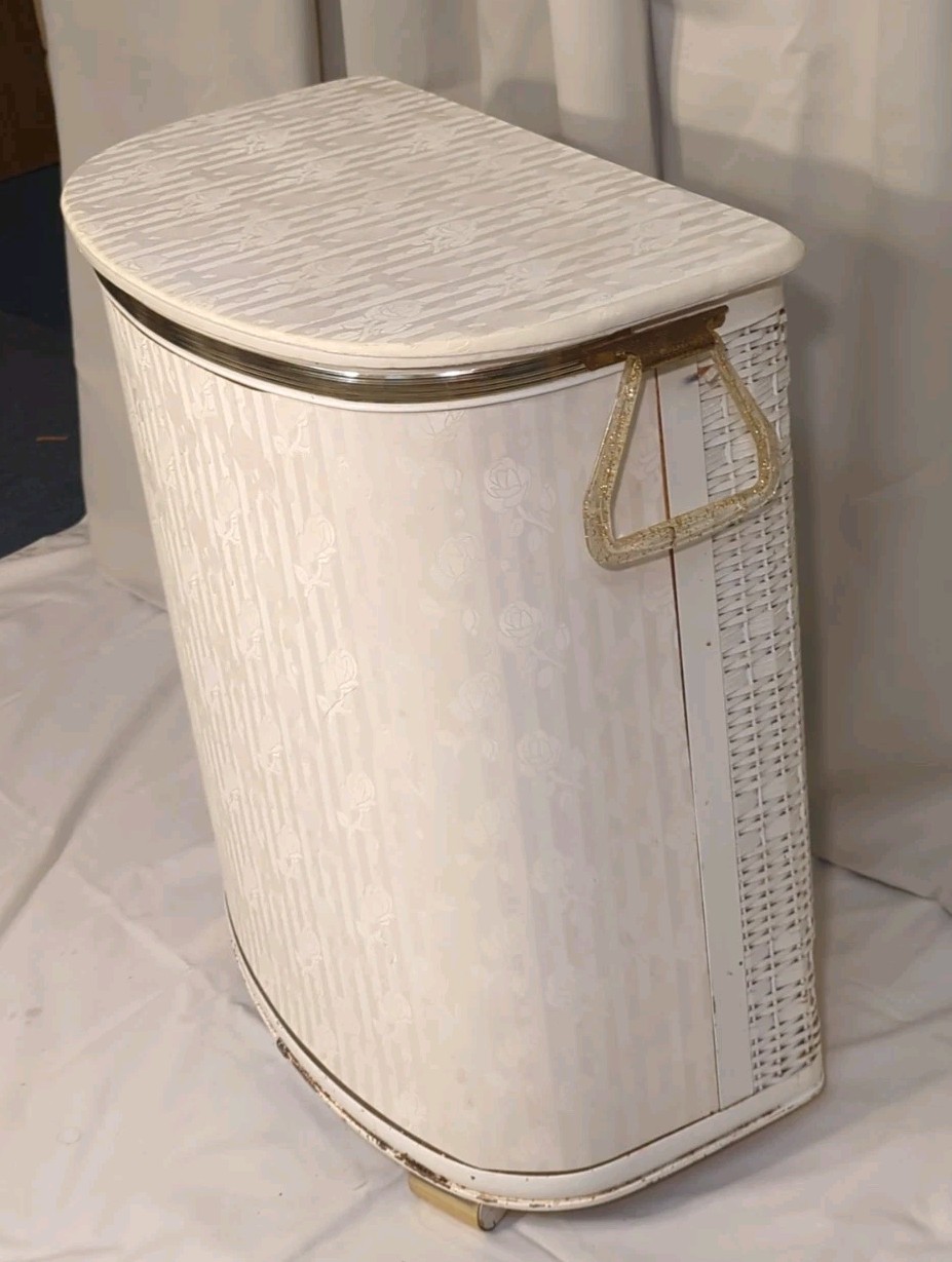 Vtg Laundry Hamper PEARL-WICK Mid Century Modern Atomic Retro Gold Towel Holder gallery