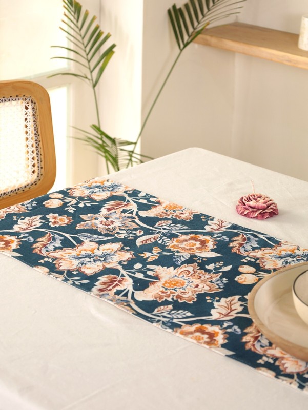 Floral Table Runner with Tassels – Blue & Orange Cotton Boho Decor – 13x48 Inch gallery