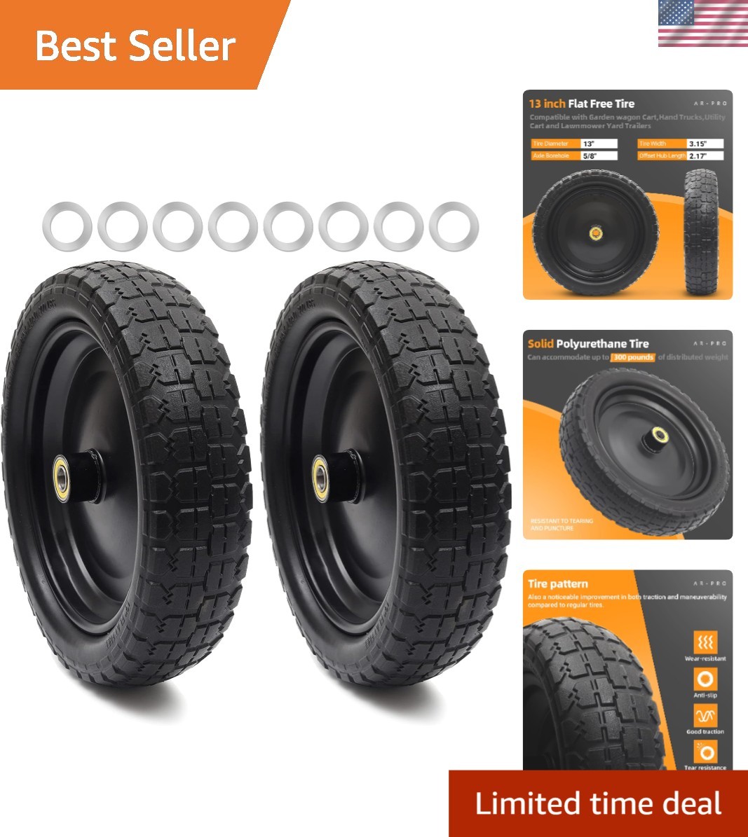 High-Durability 13" Flat-Free Tire & Wheel Set - 330 lbs Capacity, Easy Install gallery