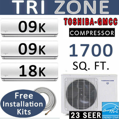 3 TON Tri Zone Ductless Mini Split Air Conditioner, Heater: 9000 x 2 + 18000 BTU gallery