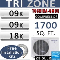 3 TON Tri Zone Ductless Mini Split Air Conditioner, Heater: 9000 x 2 + 18000 BTU