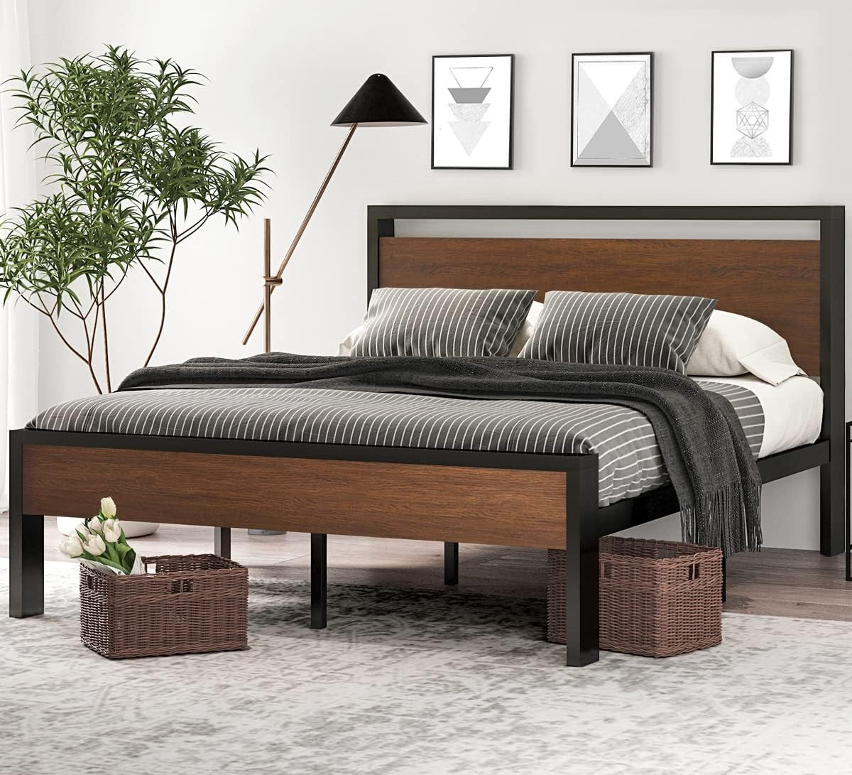 SHA CERLIN 14 Inch Full Size Metal Platform Bed Frame with Wooden Headboard and gallery