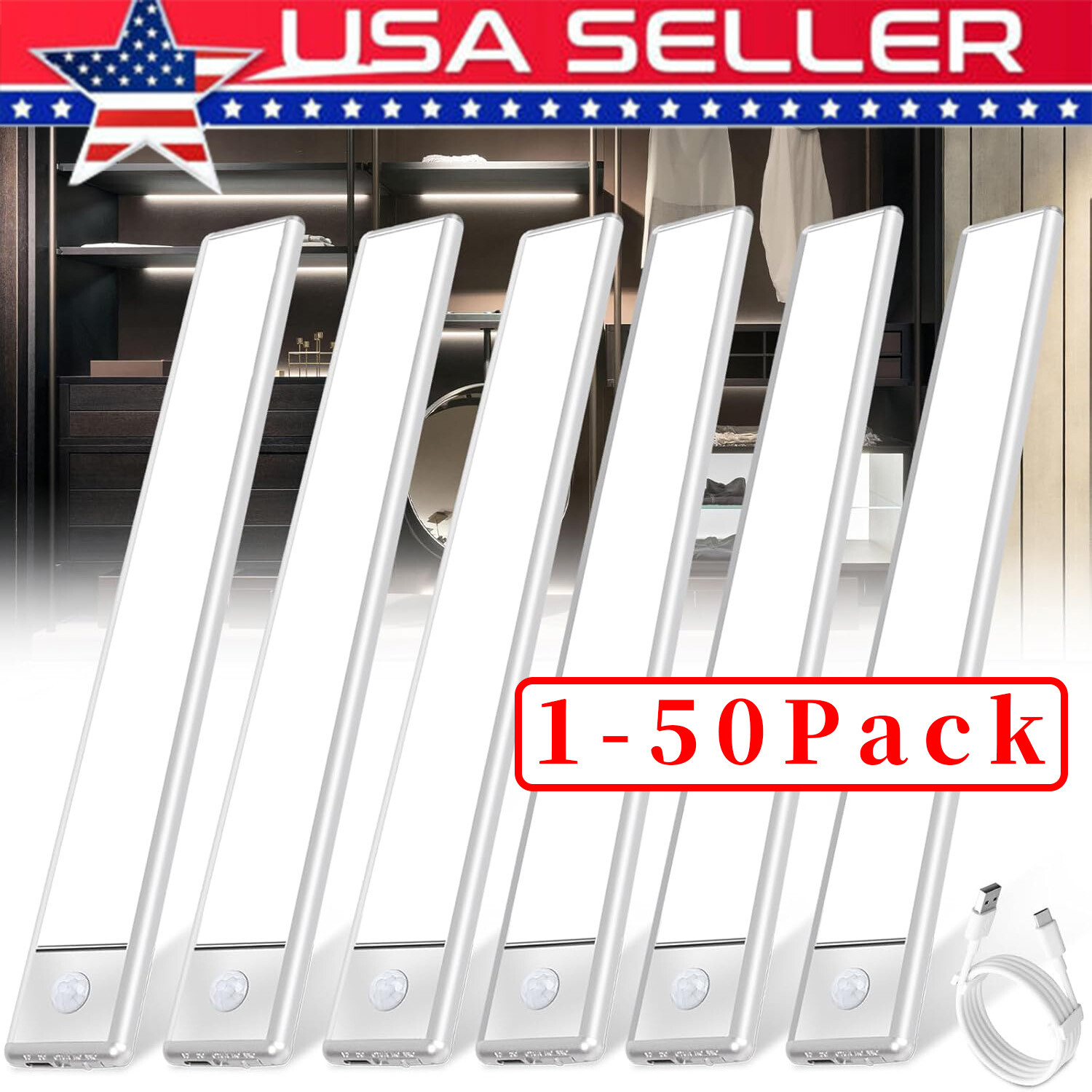LED Motion Sensor Under Cabinet Closet Light USB Rechargeable Kitchen Lamp Strip gallery