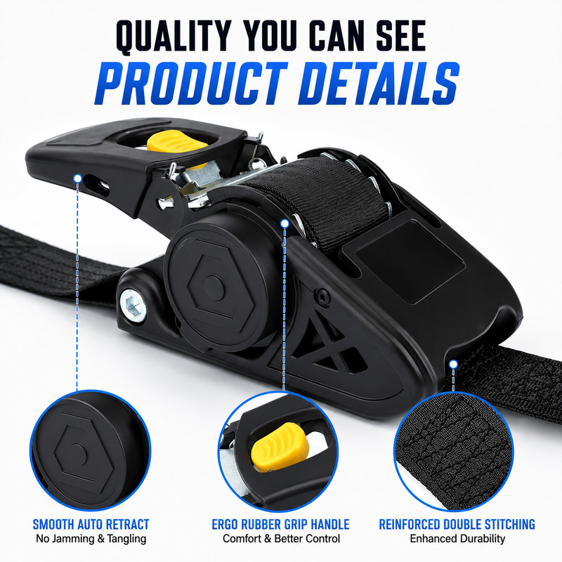 Heavy Duty Retractable Ratchet Straps - 3300LB Trailer Cargo Tie Downs (2 PACK) gallery