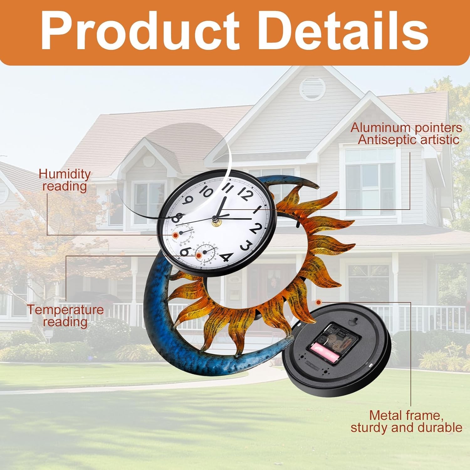 Sun and Moon Outdoor Wall Clock Solar Powered Patio Living Room Decorative gallery