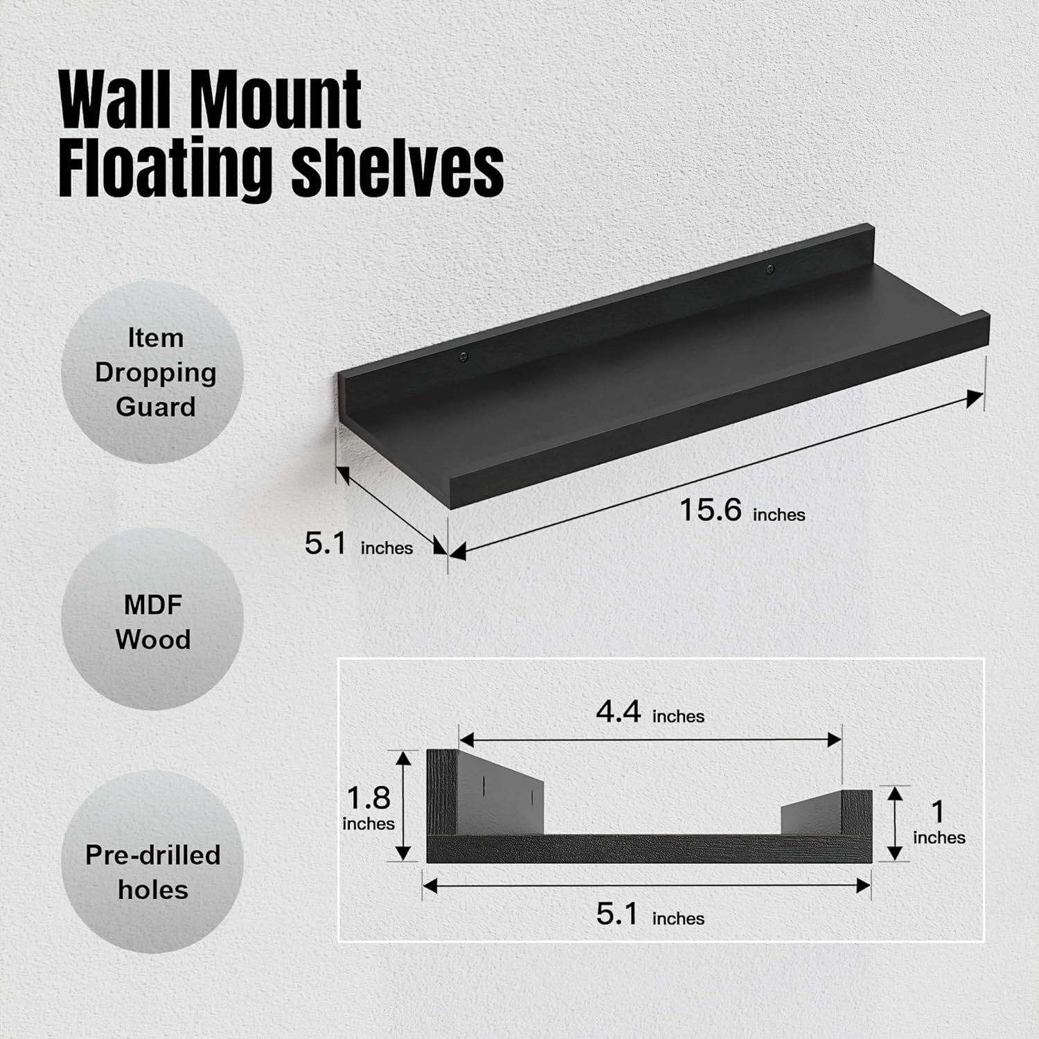 RICHER HOUSE 5 Set Floating Wall Mounted Shelves, Black 5pcs*15.75in, gallery