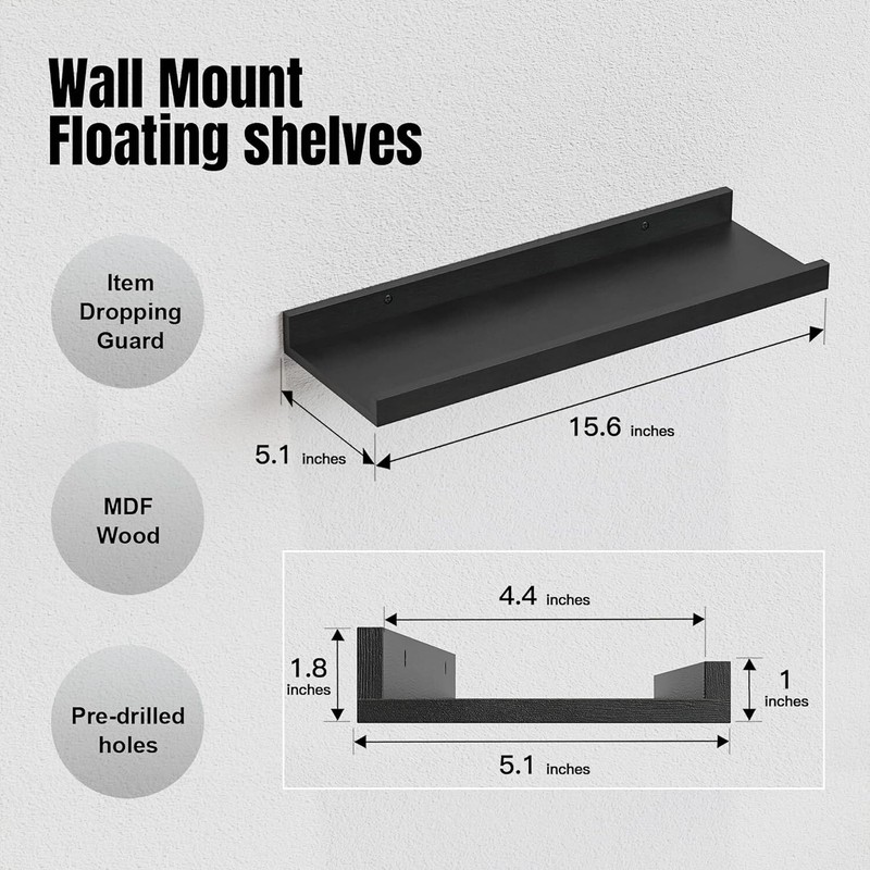 RICHER HOUSE 5 Set Floating Wall Mounted Shelves, Black 5pcs*15.75in, gallery