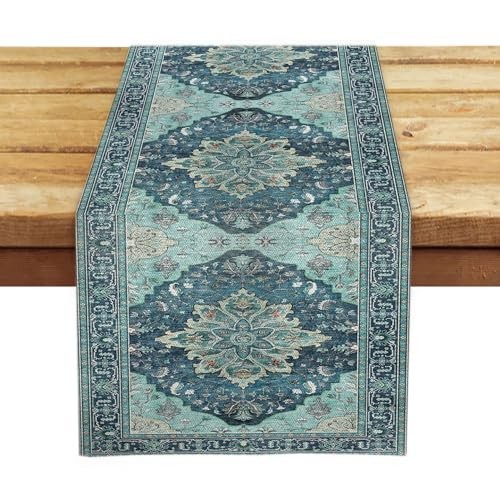 Boho Floral Pattern Summer Table Runner 72 Inches Long 13" x 72" Teal and Blue gallery