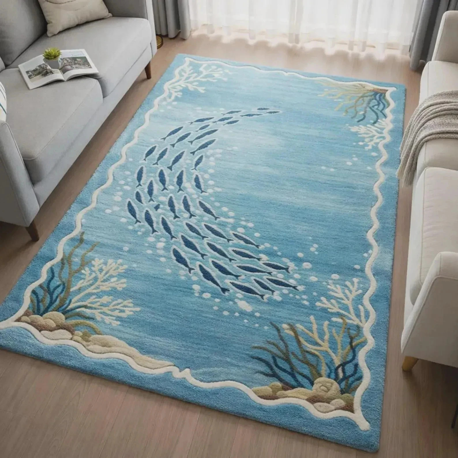 Handmade Wool Area Rug, Nautical Ocean Fish Pattern, Modern Coastal Room Carpet gallery