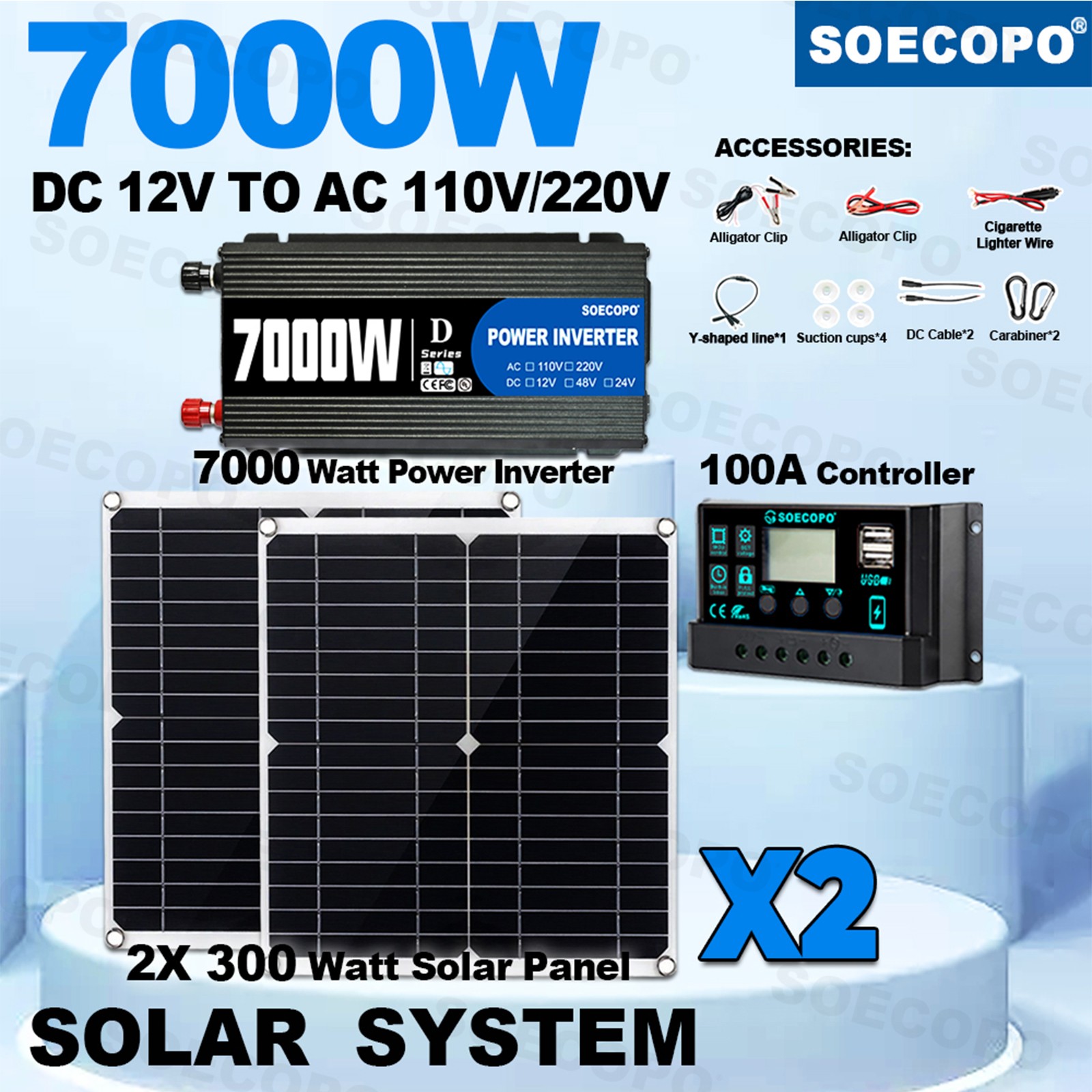 Complete 7000W Off-Grid Solar Kit 7000W Inverter 2pcs 300W Solar Panels 110V gallery